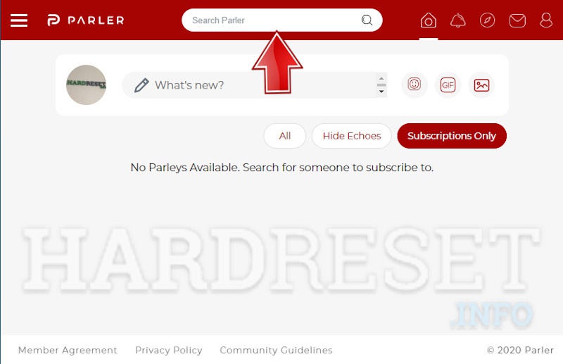Arrow pointing to the search box in Parler