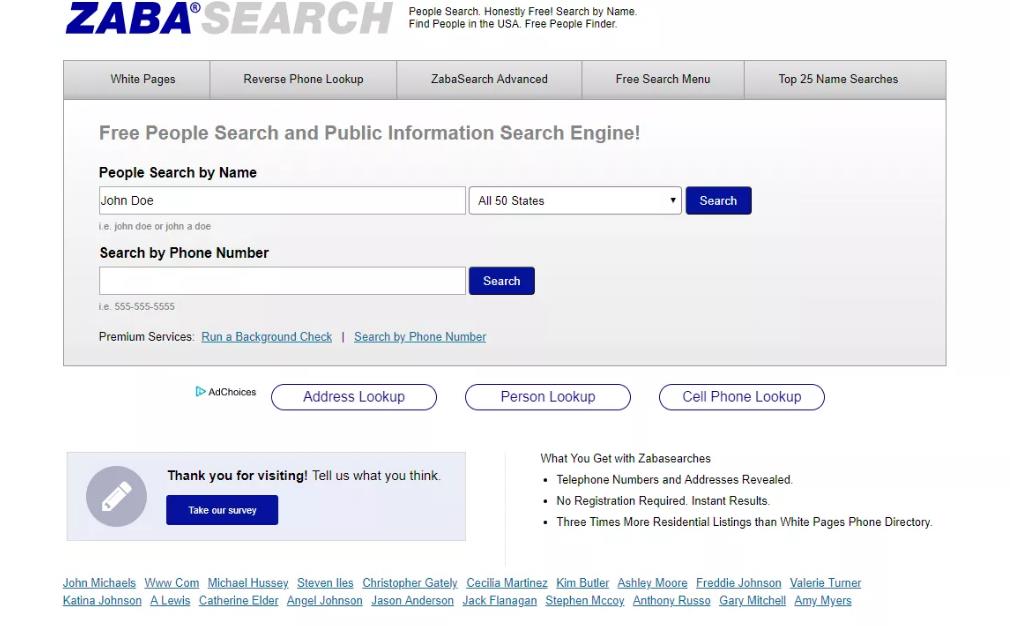 Cuadro de texto de búsqueda de personal de ZabaSearch por nombre