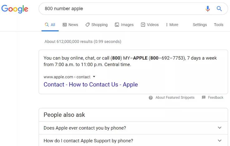 Number 800 from Apple Google Search