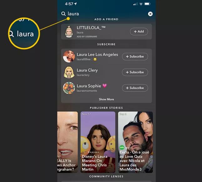 Le champ de recherche dans Snapchat pour iOS