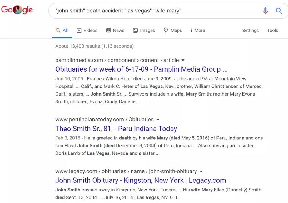 Recherche Google : avis de décès de John Smith