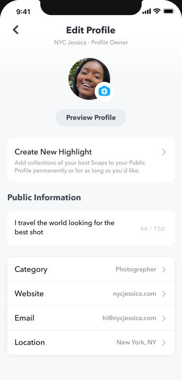 Ejemplo de edición de perfil público de Snapchat (perfil público)