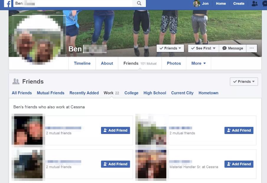 Facebook profile shows work friends