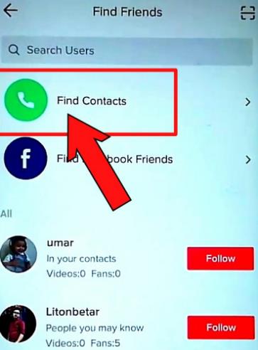 TikTok trouver quelqu'un : cliquez sur rechercher des contacts