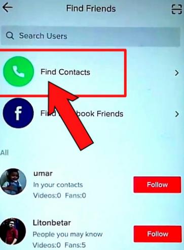 TikTok找人：點擊find contacts