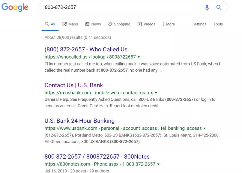 Reverse 800 number lookup on Google.com