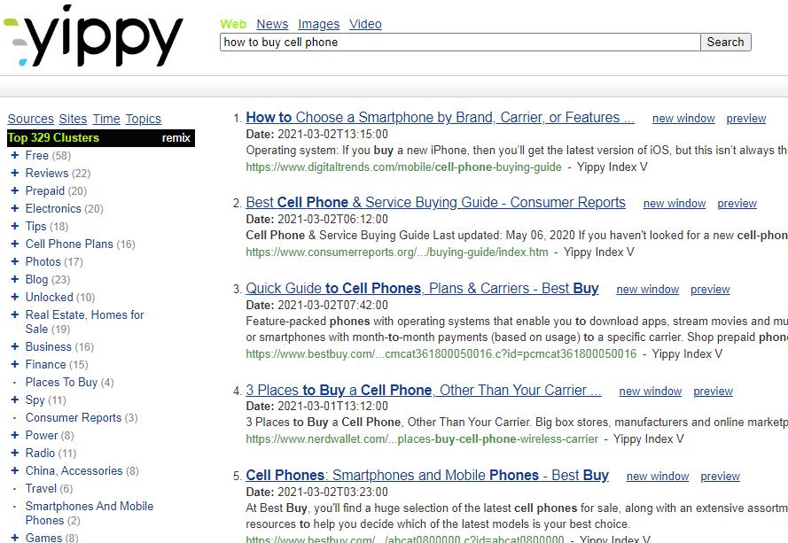 yippy search interface