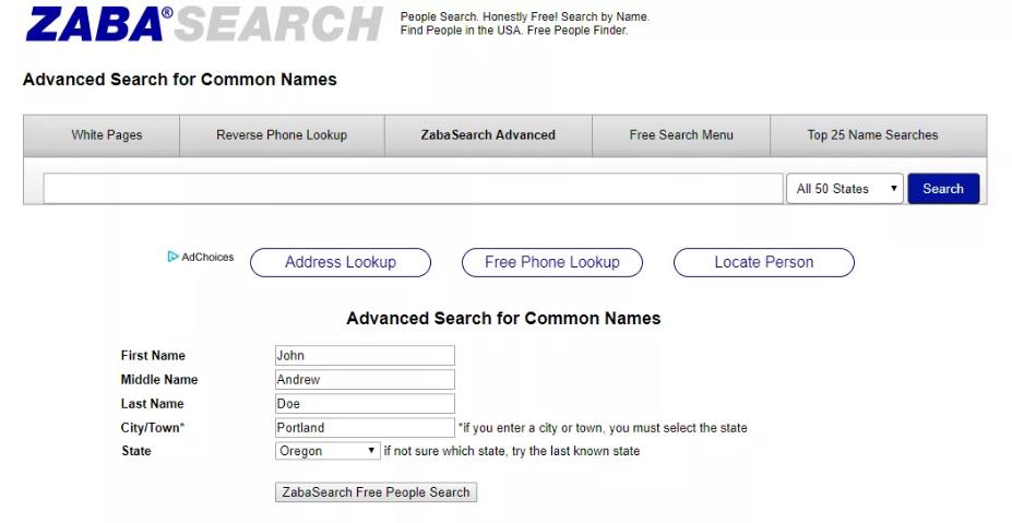 Расширенный поиск ZabaSearch - Общие имена