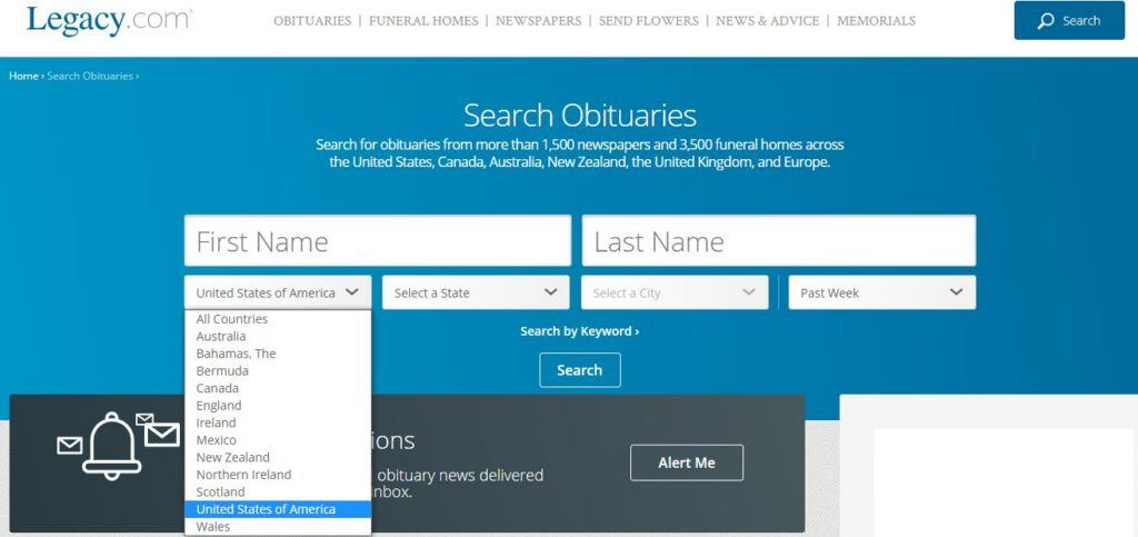 Búsqueda de información de obituarios (defunción) de Legacy.com