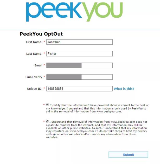 PeekYou sale del formulario
