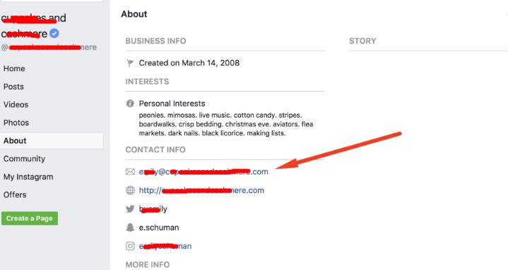 Screenshot of public email address found on Facebook