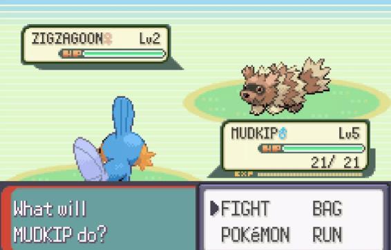 Mudkip combat Zigzagoon dans Pokemon Emerald pour se battre pour la Game Boy Advance