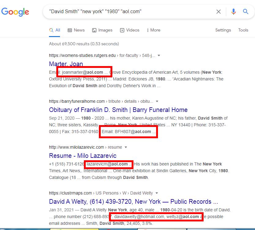 На снимке экрана показано, как искать чей-либо адрес электронной почты в Google.