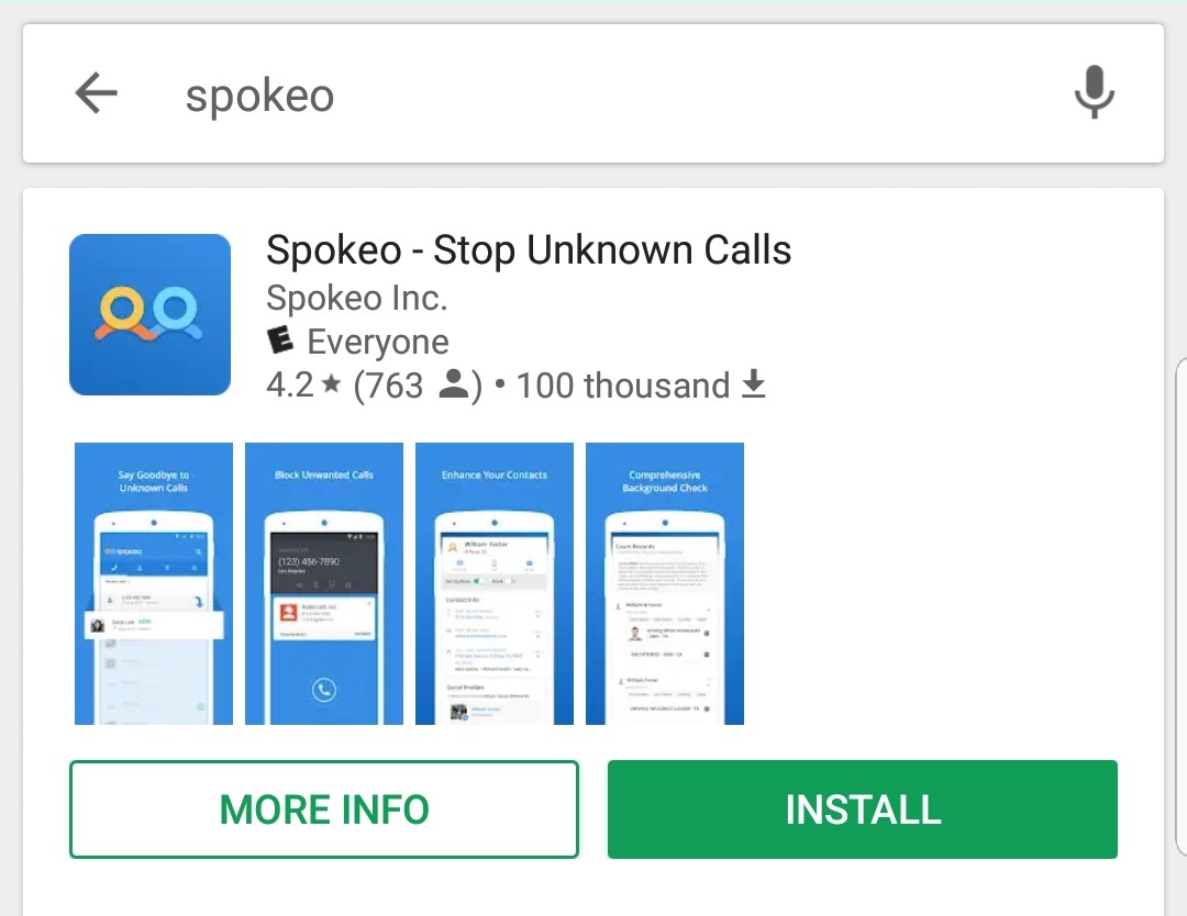 Image de la page d'installation de l'application Spokeo dans Google Play Store