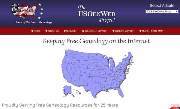 USGenWeb Project – 美国各州家谱记录