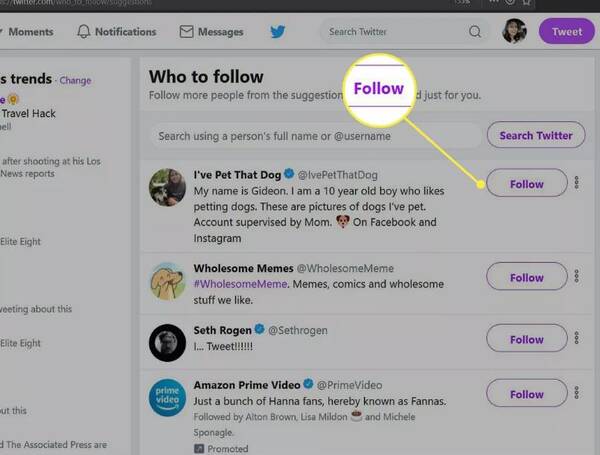 The Twitter follower recommendation page on the desktop version of Twitter.