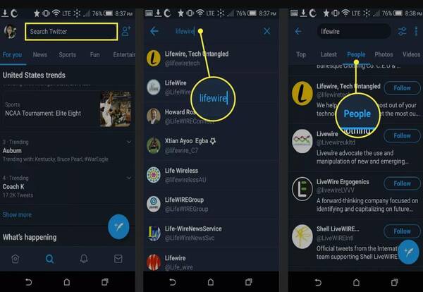 How to search by name in the Twitter mobile app on Android.
