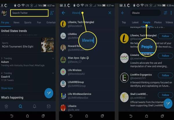 Cómo buscar por nombre en la aplicación móvil de Twitter en un teléfono Android.