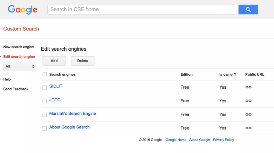 Screenshot of Google Custom Search Engine page