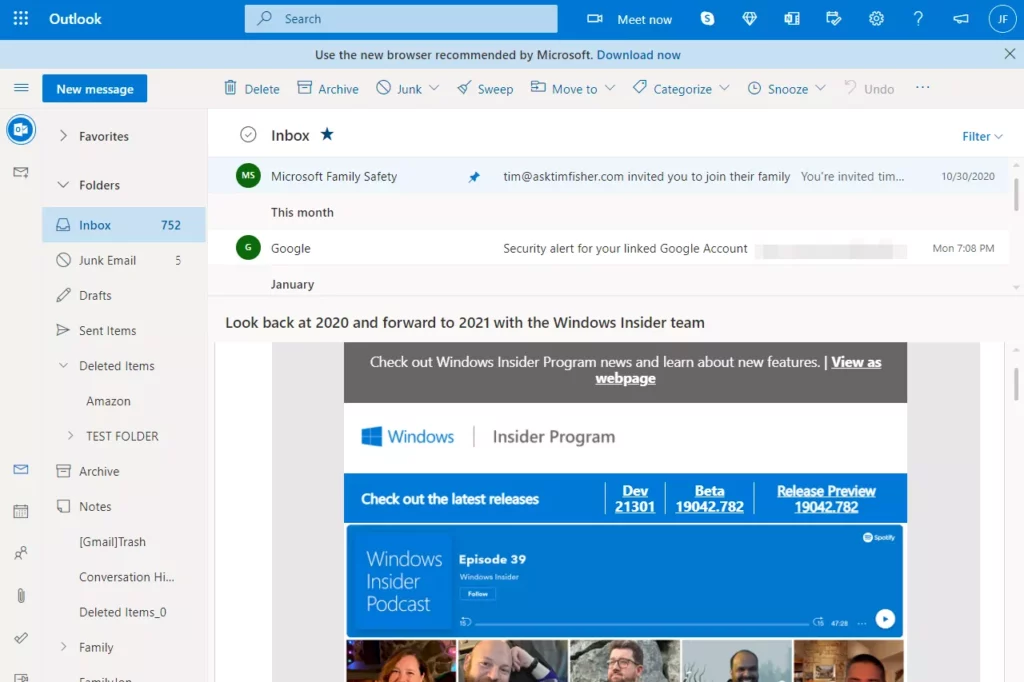 Outlook.com 收件箱文件夹中的电子邮件
