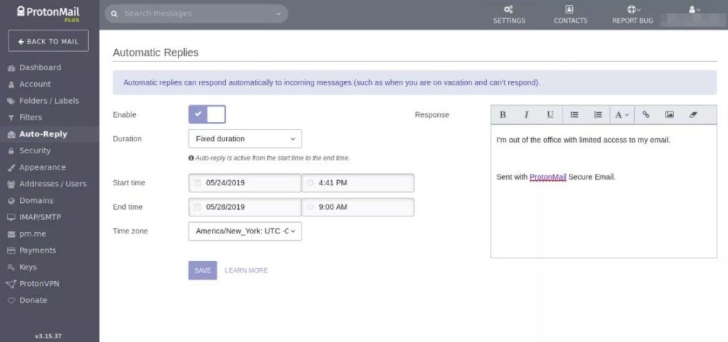 ProtonMail tiene una sencilla función de respuesta automática que se puede utilizar cuando no está.