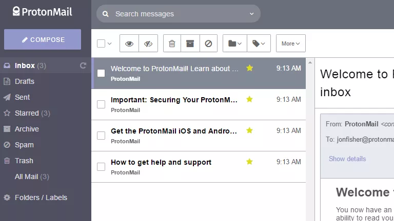 ProtonMailの受信トレイ