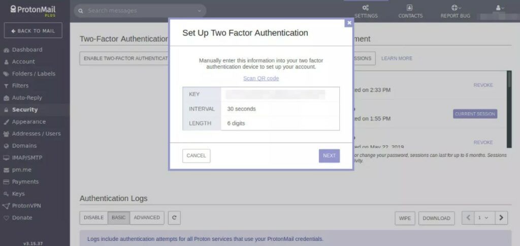 为了提高安全性，ProtonMail 提供两因素身份验证。