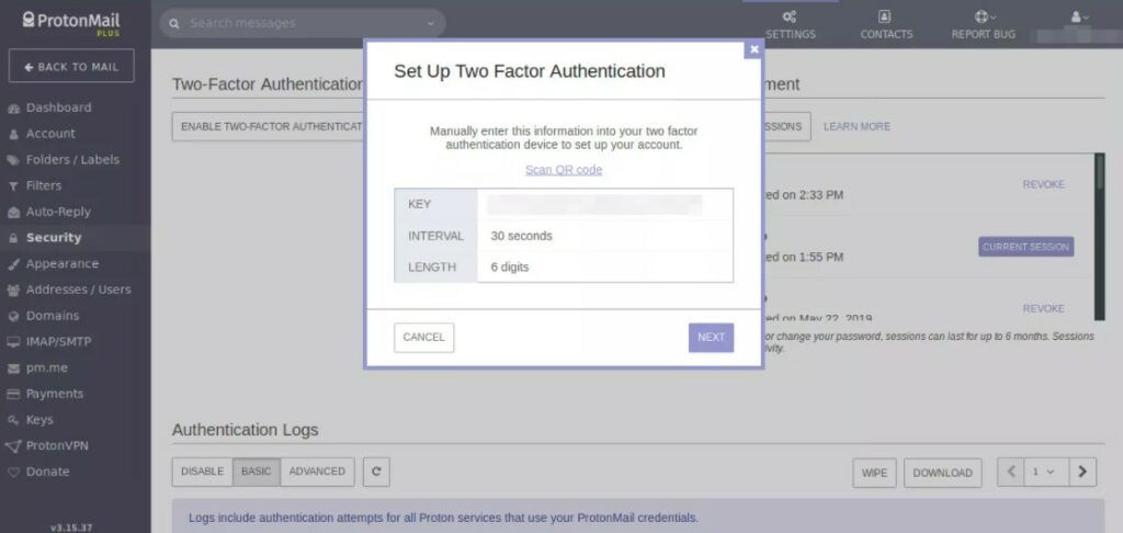 Para mejorar la seguridad, ProtonMail proporciona autenticación de dos factores.