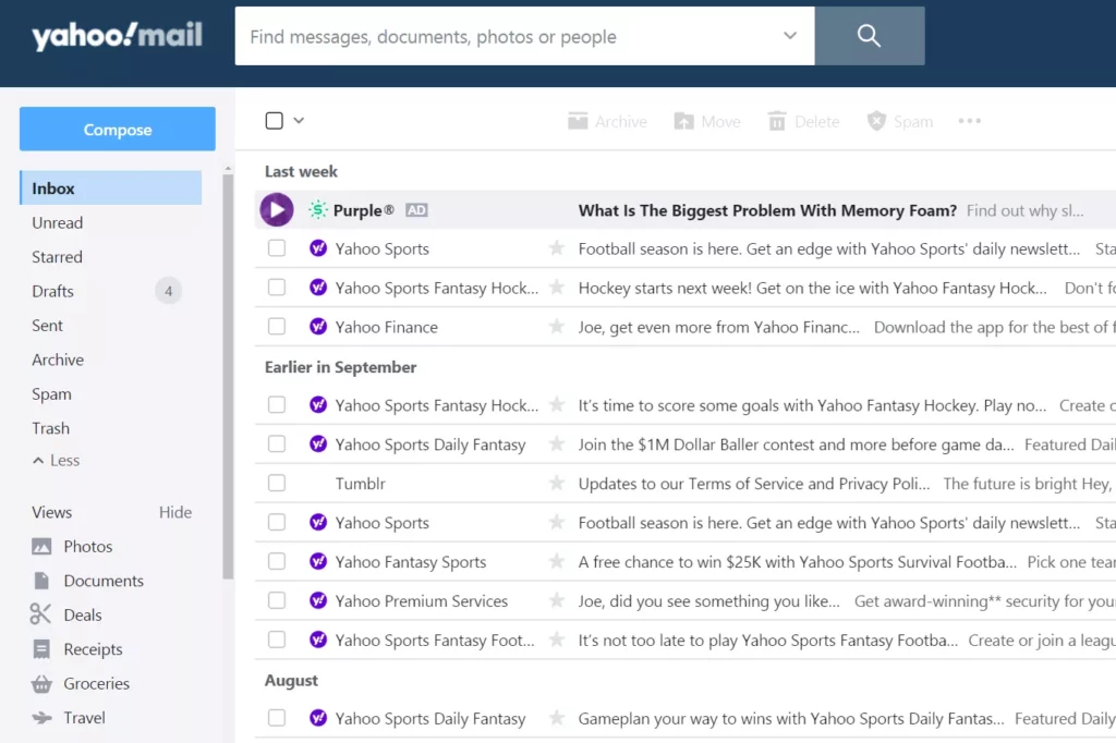 Caixa de entrada de e-mail do Yahoo Mail
