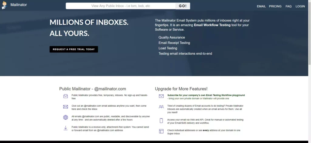 Captura de tela do Mailinator