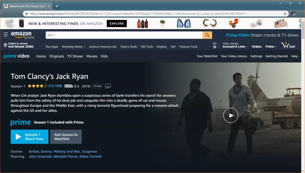 Captura de pantalla de la página de la serie de televisión en Prime Video