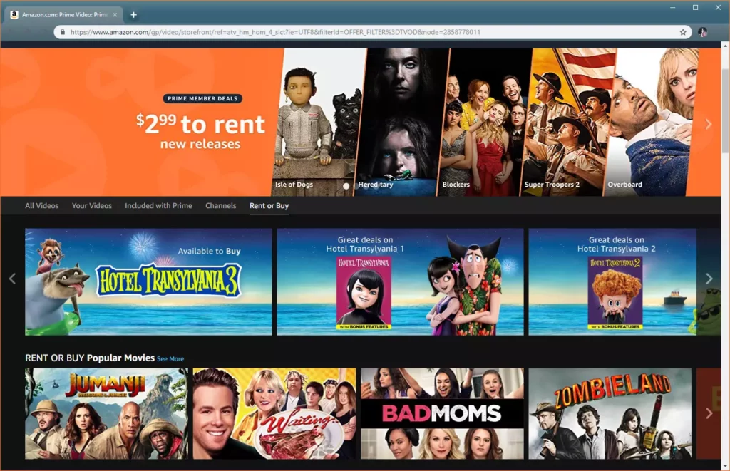 亚马逊视频的屏幕截图，显示要租借或购买的电影。