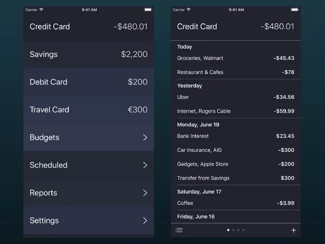 Cartões de débito e crédito iOS