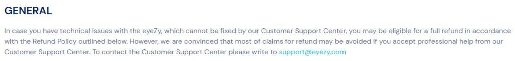 Screenshot of eyeZy Refund Policy