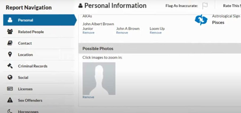 Informe de antecedentes de jaque mate instantáneo: captura de pantalla de información personal
